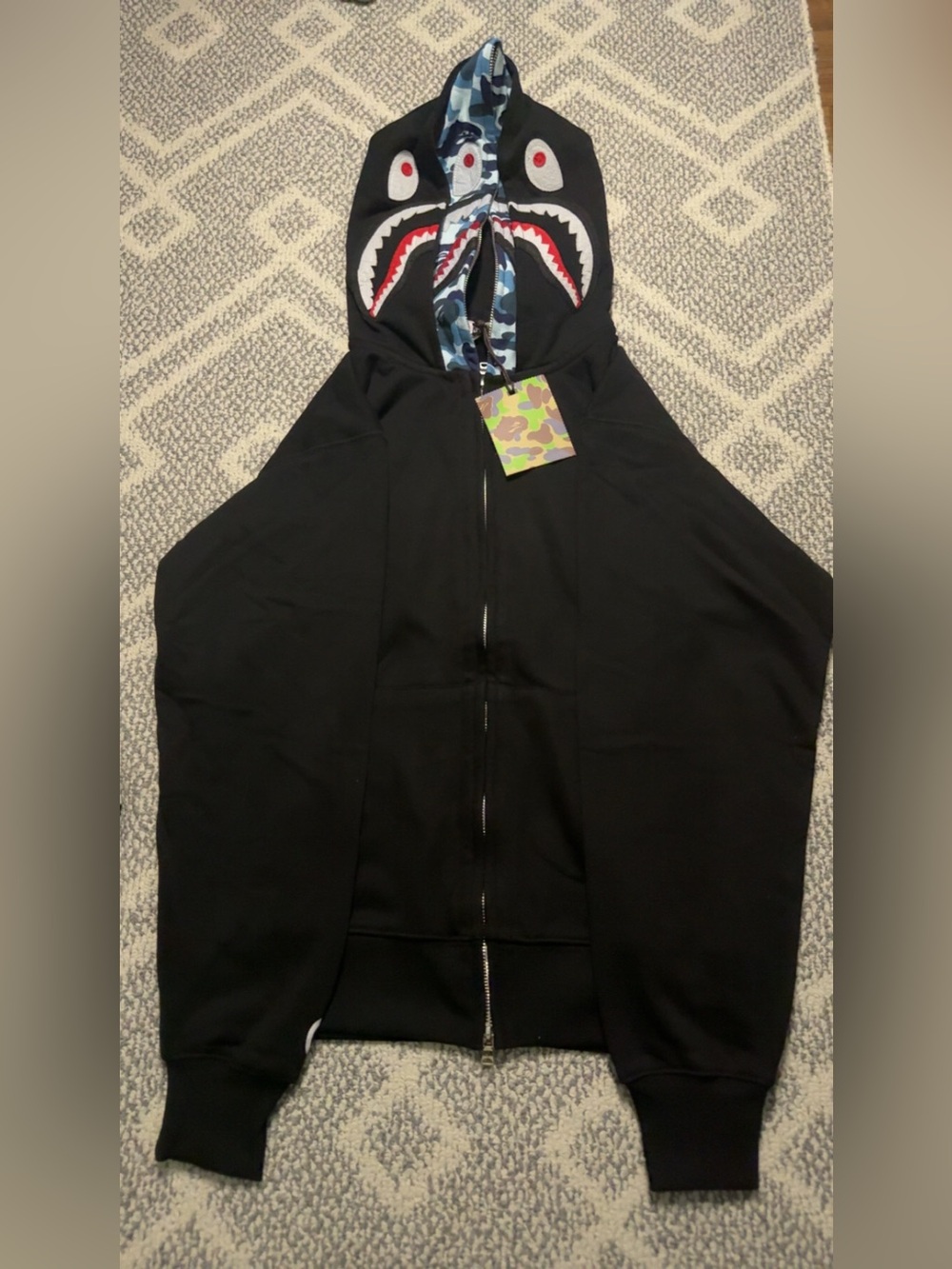 Bape Black Shark Full-Zip Hoodie with Blue Camo Hood Medium